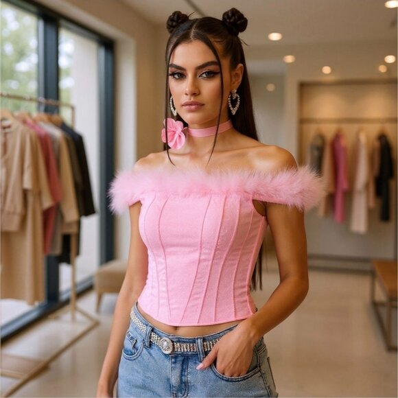 Sugar Thrillz Pink Jacquard Off‑Shoulder Bustier w/ Marabou Trim & Side Zip – S - Picture 6 of 8